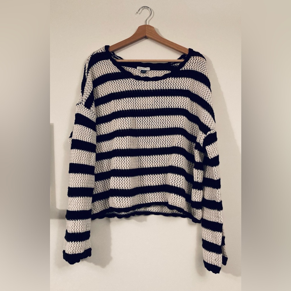 NWTS American Eagle Striped Black and White Crochet Sweater Size L 100% Cotton